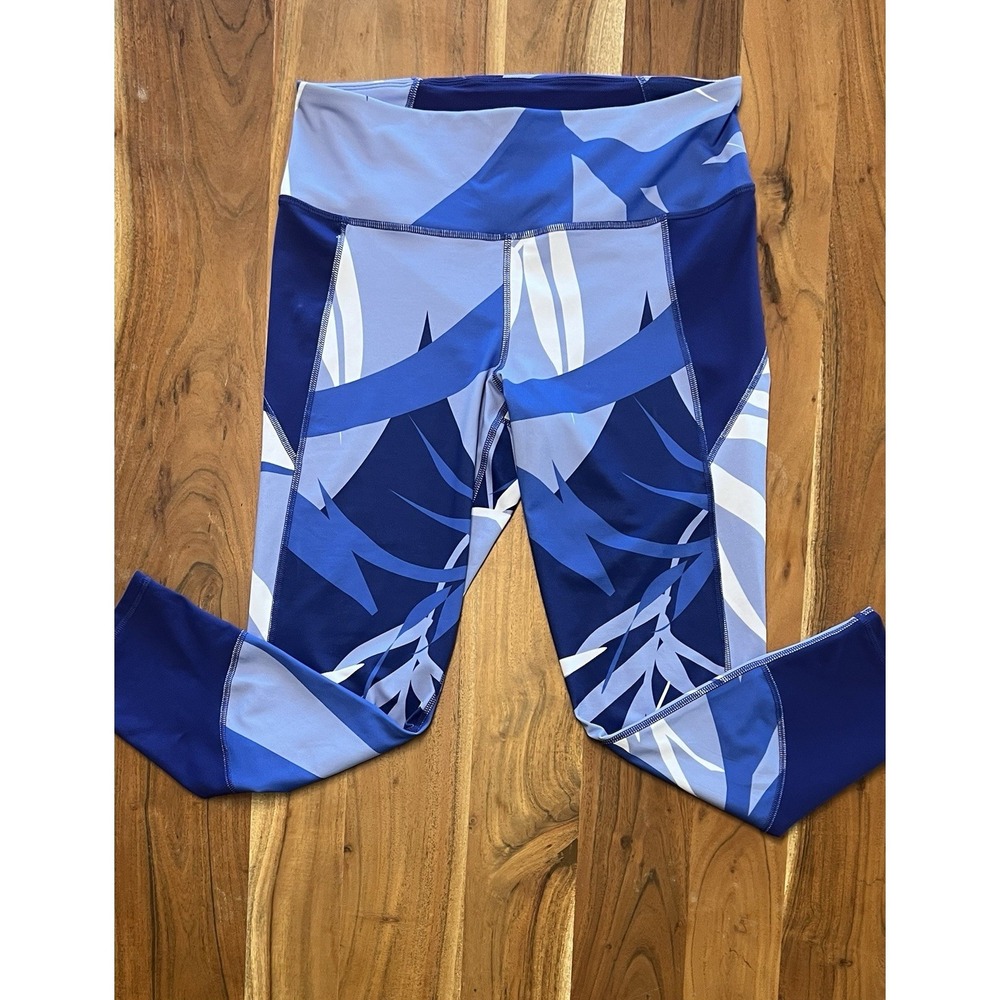 Under Armour HeatGear Leggings Womens Blue Tropical Leaf Print Crop Pockets Yoga